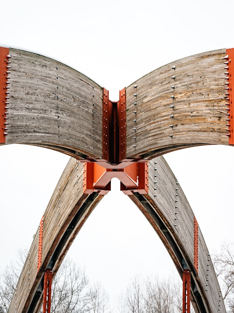 Striking wooden curved architectural structure against a bright sky, showcasing modern design.